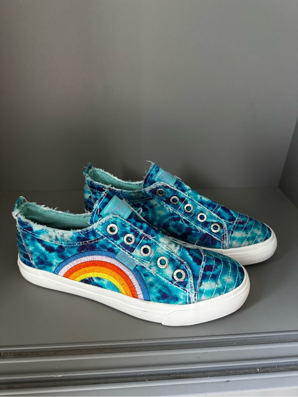 Kids Blue Tie-Dye Slip-On Sneakers with Rainbow Patch